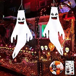 48" Halloween Ghost Windsocks Hanging Decorations-2 Pack- Waterproof,Wear-resist